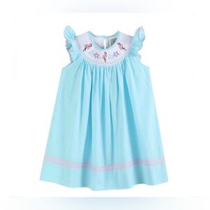 Lil Cactus Girls’ Light Blue/Aqua Flamingo Smocked Bishop Dress, size 6